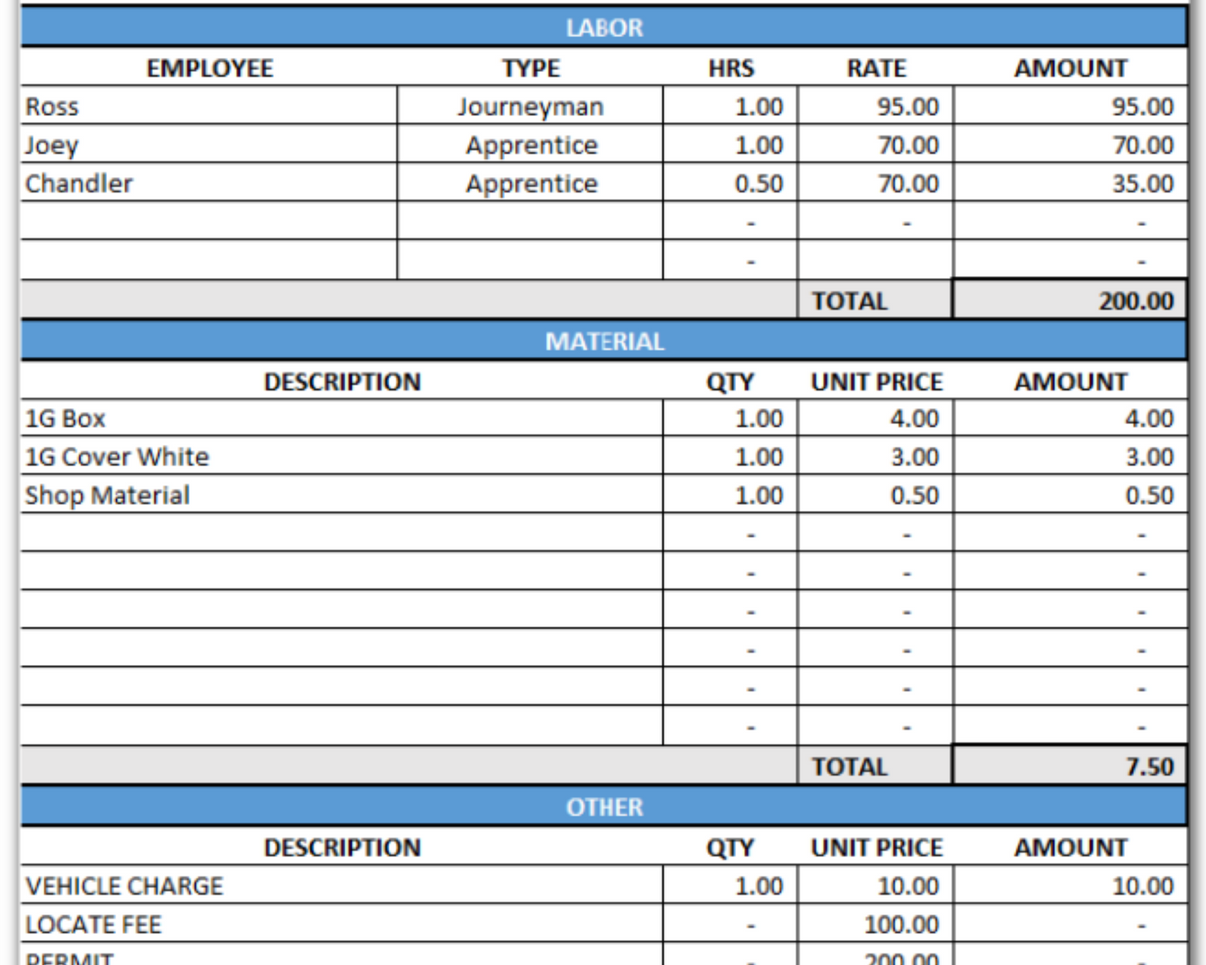 Invoice with Labor & Material Breakdown (Excel & PDF) – Designs By Blue ...