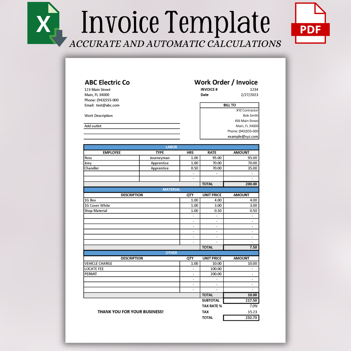 Invoice with Labor & Material Breakdown (Excel & PDF) – Designs By Blue ...