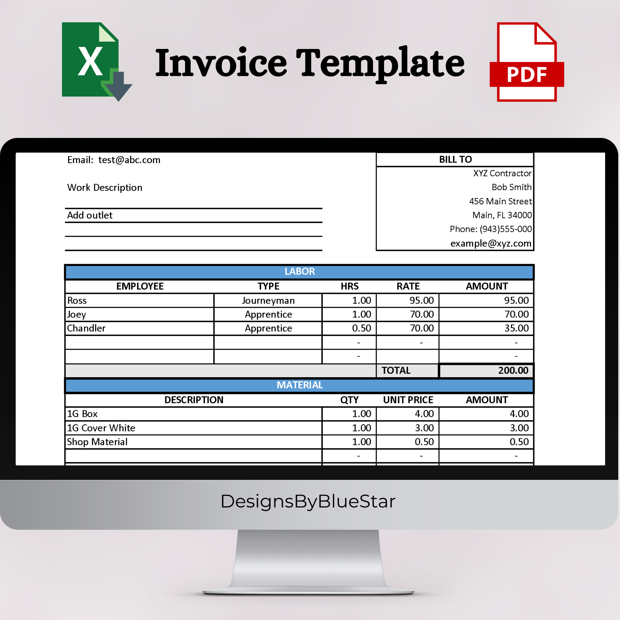 Invoice with Labor & Material Breakdown (Excel & PDF) – Designs By Blue ...