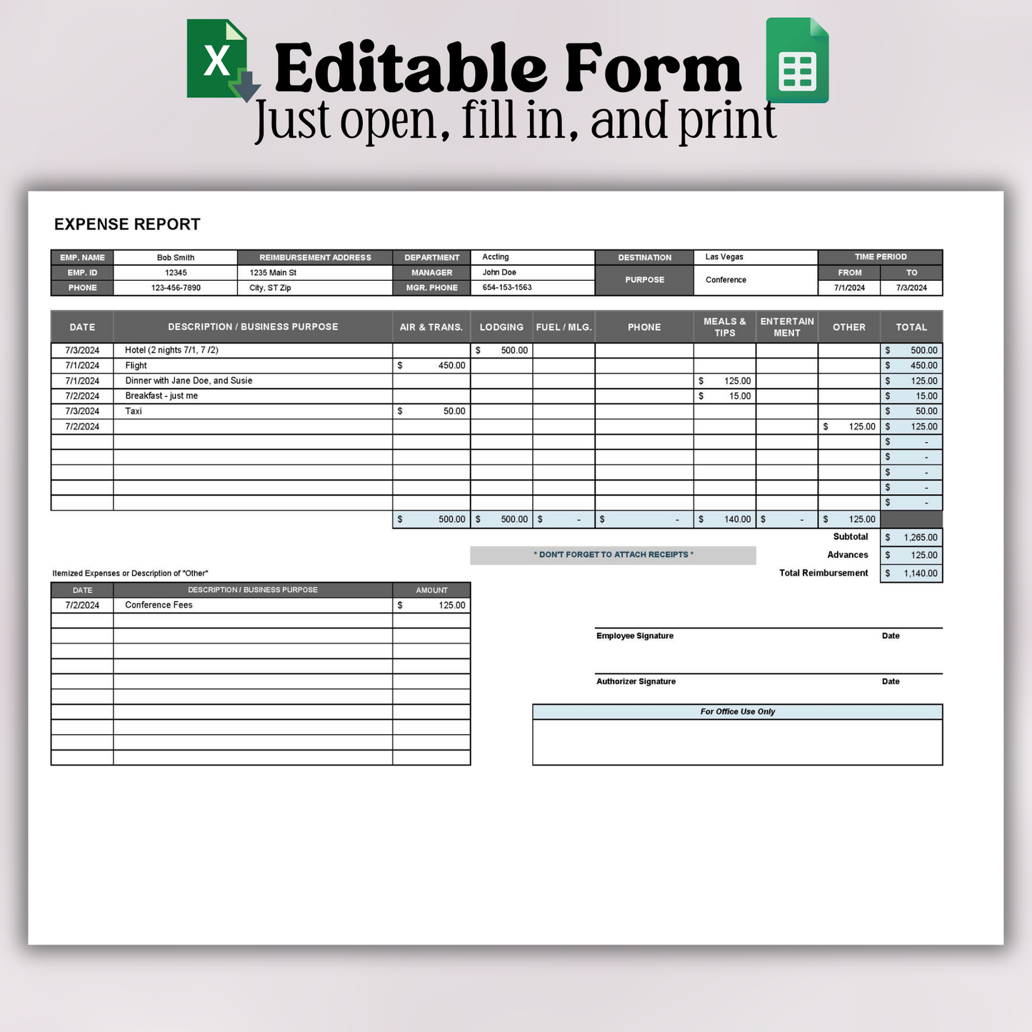 Printable Expense Report Form | Editable Employee Reimbursement Expenses