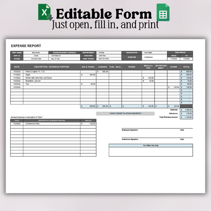 Printable Expense Report Form | Editable Employee Reimbursement Expenses