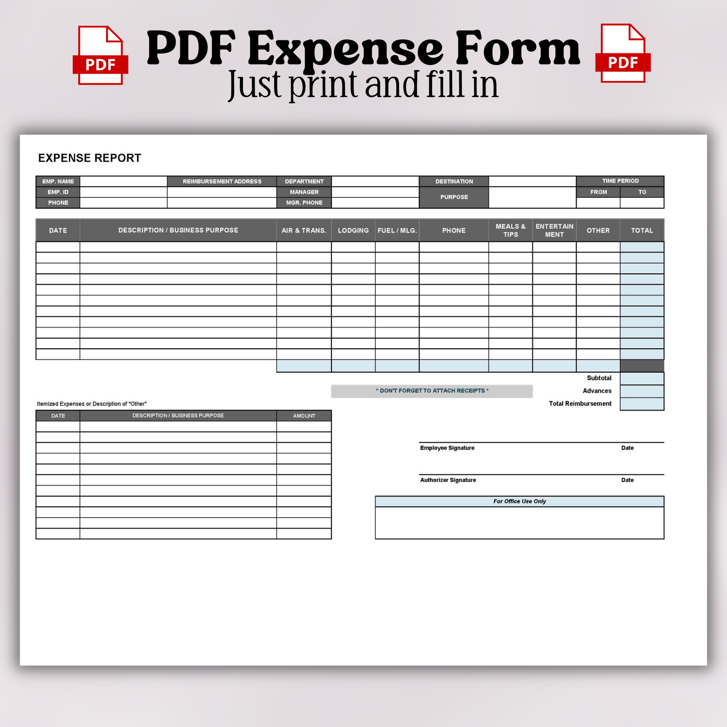 Printable Expense Report Form | Editable Employee Reimbursement Expenses