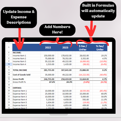 Profit & Loss Statement with Prior Year (Google Sheets)