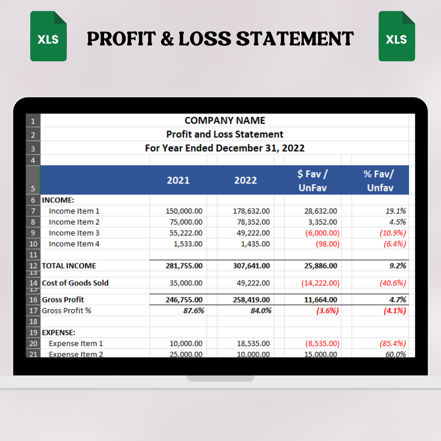 Profit & Loss Statement with Prior Year (Excel)