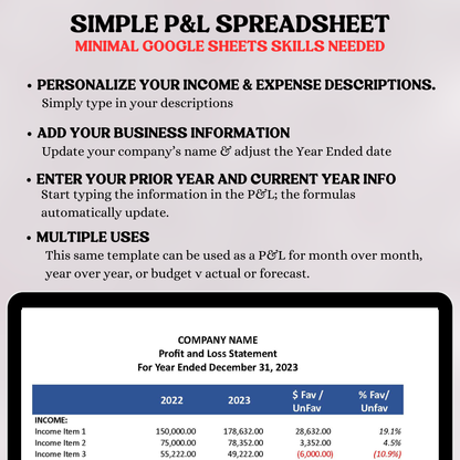 Profit & Loss Statement with Prior Year (Google Sheets)