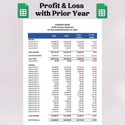 Profit & Loss Statement with Prior Year (Google Sheets)