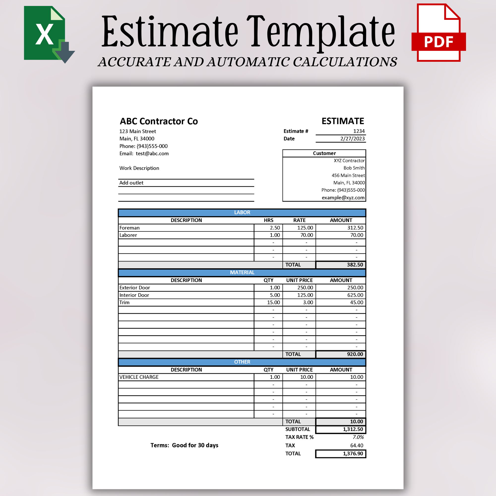 Estimate Template with Labor & Material Breakout (Excel) – Designs By ...