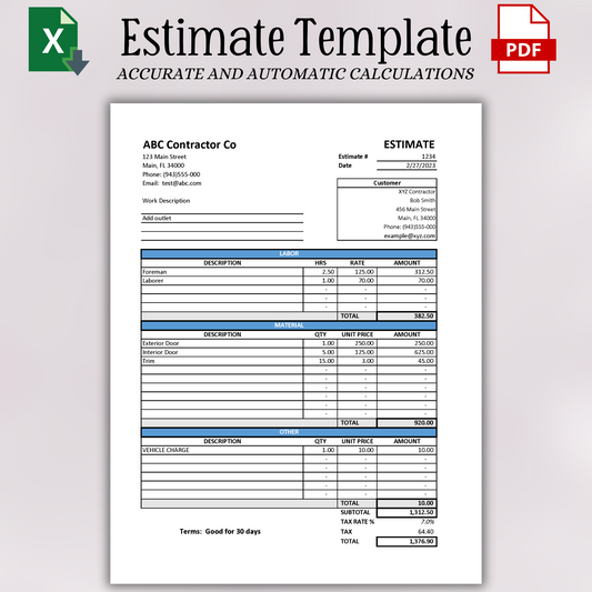 Estimate Template with Labor & Material Breakout