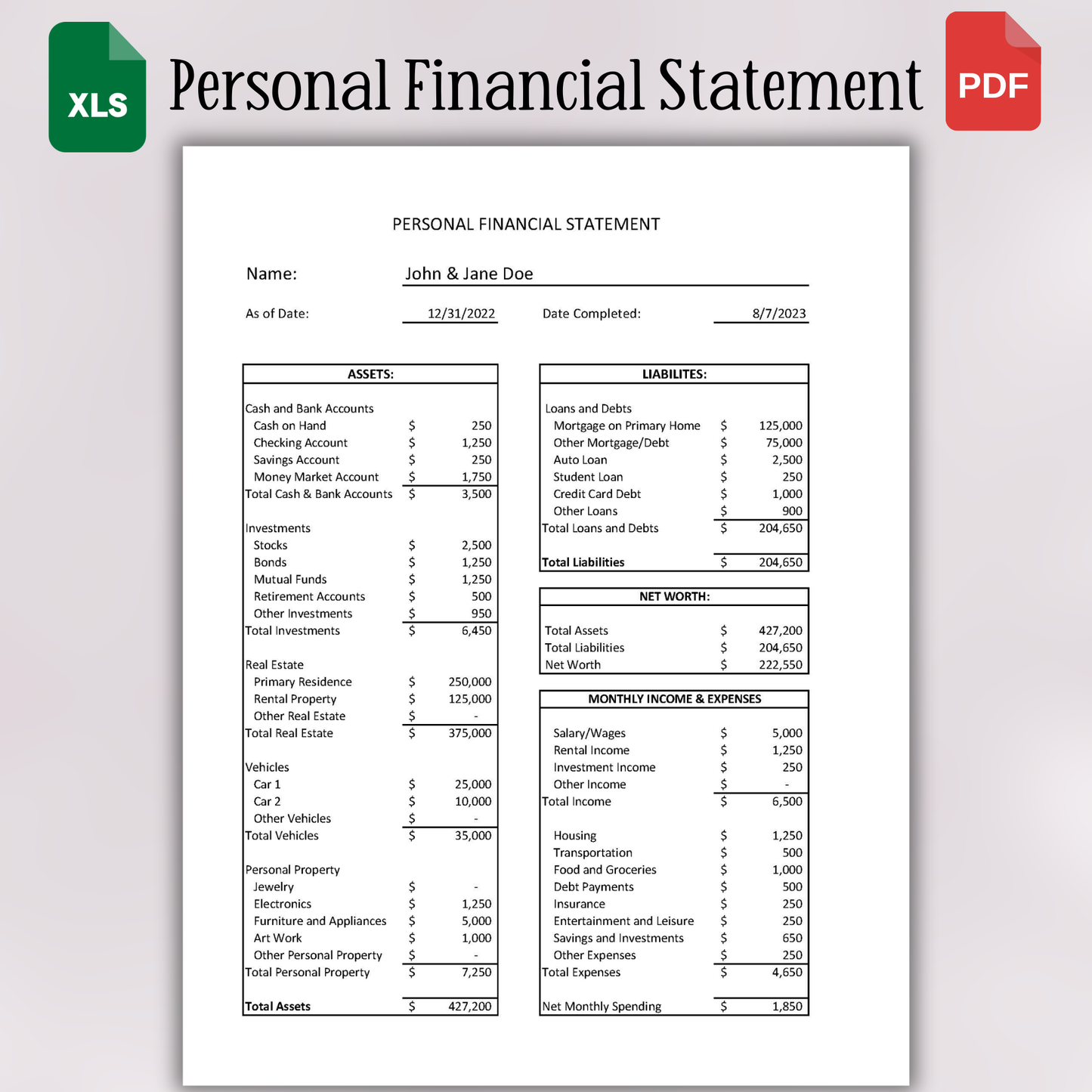 Personal Financial Statement Template | Net Worth & Budget Tracker (Excel)