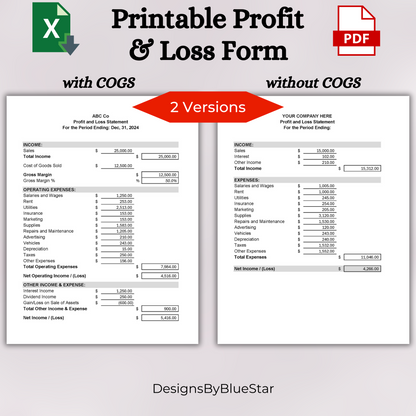 Printable P&L Form (Excel)