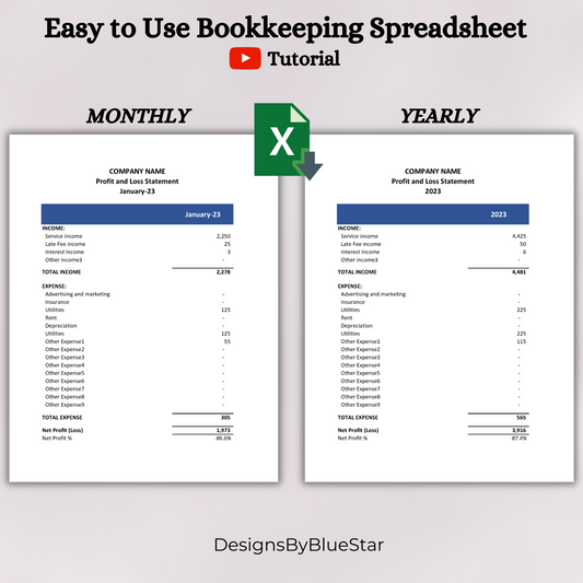 Profit and Loss Statement Spreadsheet with Transactional Data