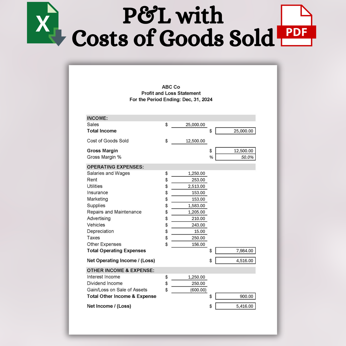 Printable P&L Form (Excel)