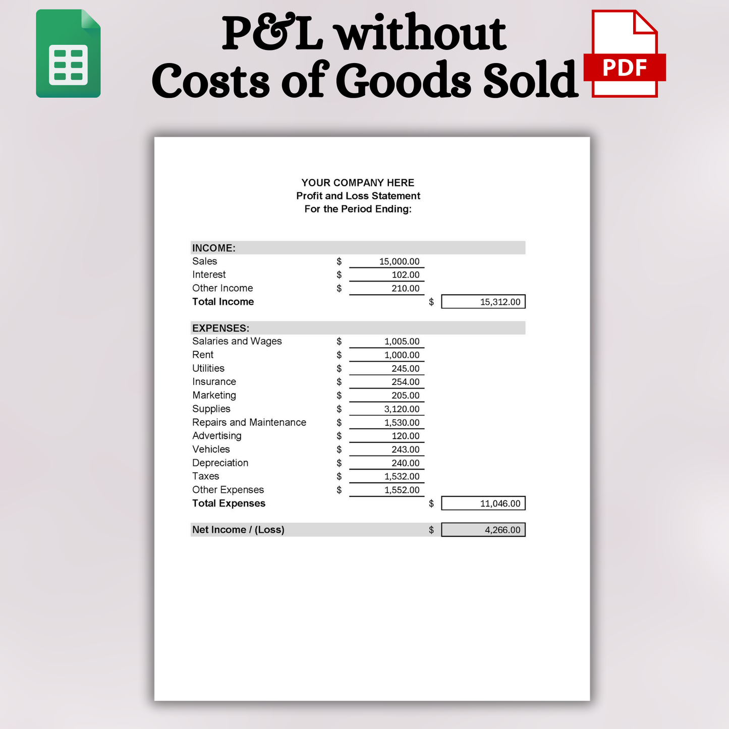 Printable P&L Form (Google Sheets)