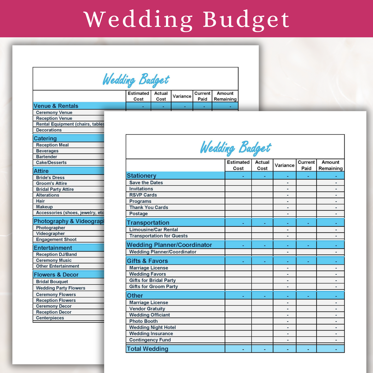 Wedding Budget | Honeymoon Budget | Rehearsal Dinner Budget (Excel)