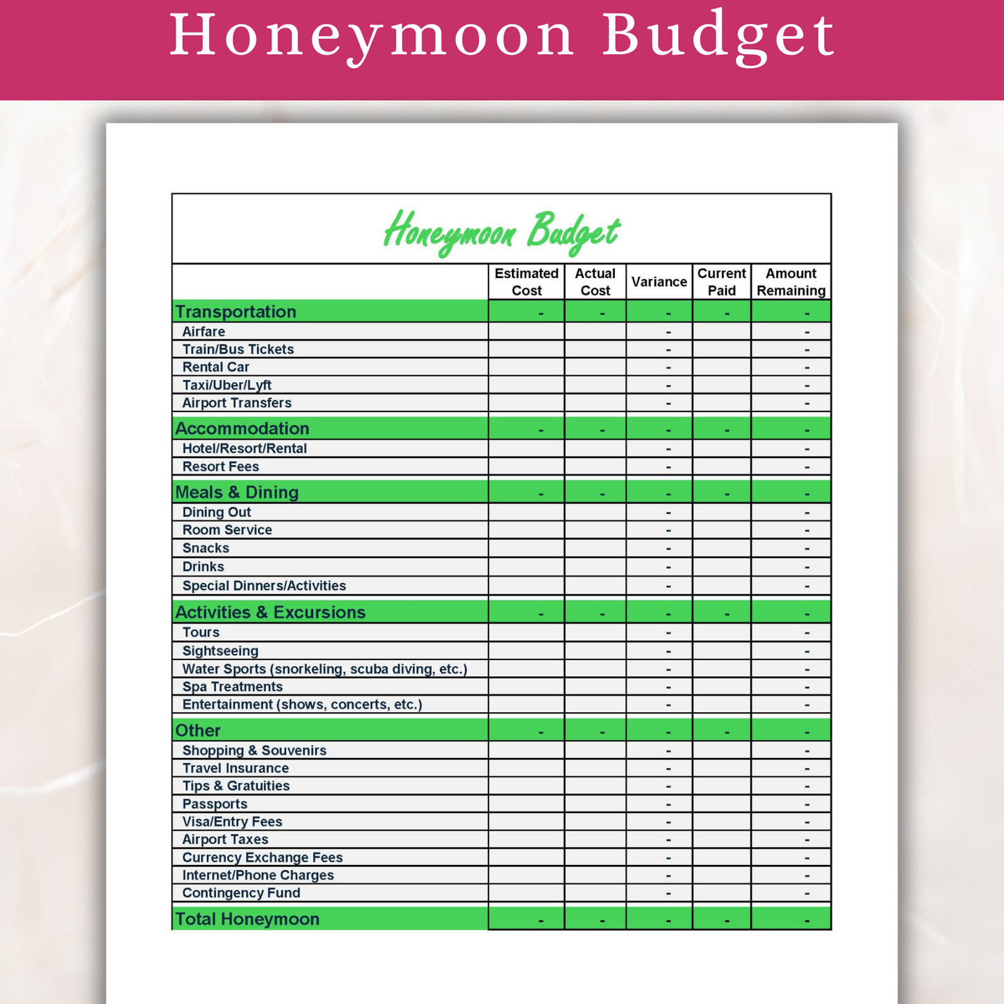 Wedding Budget | Honeymoon Budget | Rehearsal Dinner Budget (Excel)