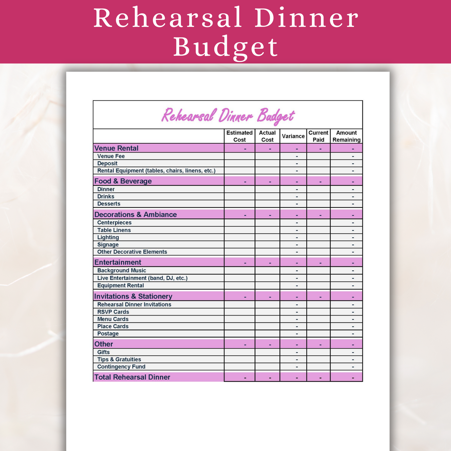Wedding Budget | Honeymoon Budget | Rehearsal Dinner Budget (Excel)